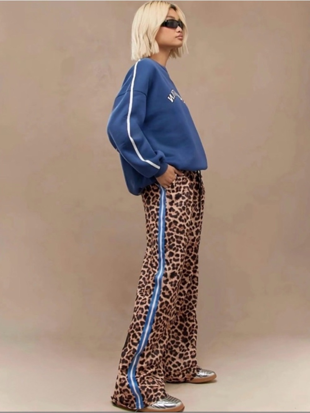 Missguided Leopard Wide-Leg Pants with Blue Side Stripe